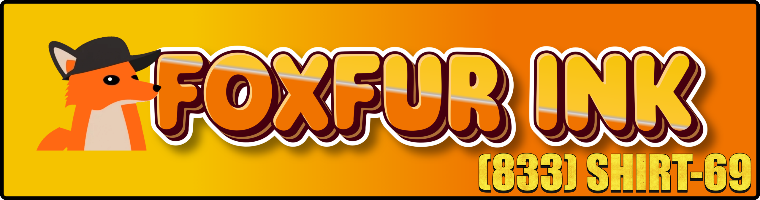 Foxfur Ink - fox mascot in a hat beside the FOXFUR INK wordmark with phone number (833) SHIRT-69